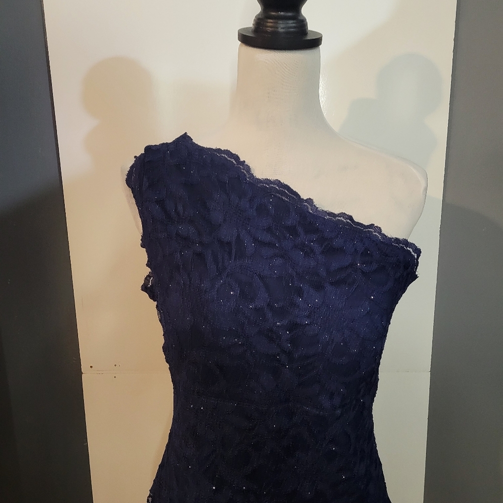Roz & Ali Navy Blue One Shoulder Lace Dress Size 6 - Picture 2 of 11